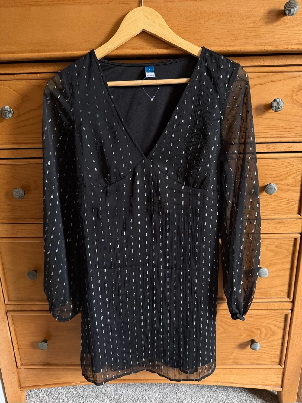 Babydoll V-Neck Womens Black Mini Dress With Silver Polka Dots Size S Tie Back